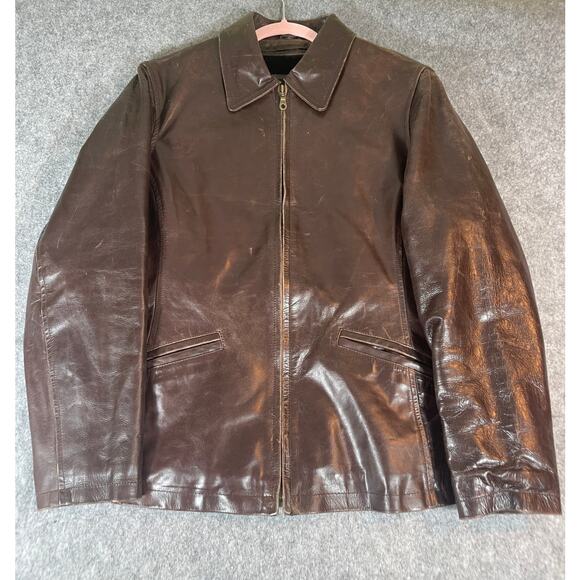 VINTAGE The Leather Company Jacket Mens Large Brown Full Zip Fleece Lined Moto - Picture 1 of 5